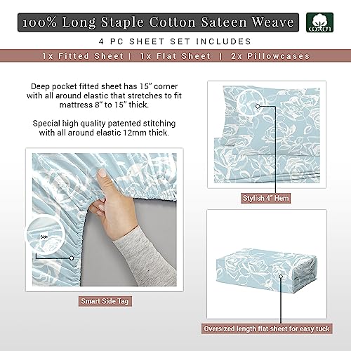 100% Cotton Simply Floral Print RV Queen Sheets Set 400TC Blue