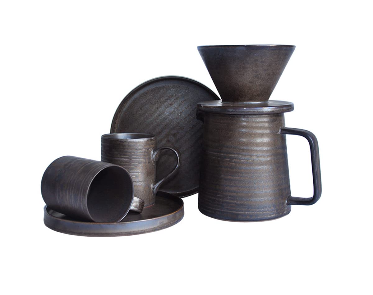 Handmade Stoneware Pour Over Drip Coffee Maker & Cups Set