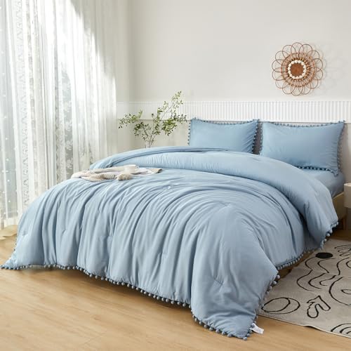 5 Pcs Grayish Blue Bed in A Bag Twin Aesthetic Boho Comforter with Pom Pom Soft Fluffy Light Blue Solid Bedding Quilt Set for Girls Boys