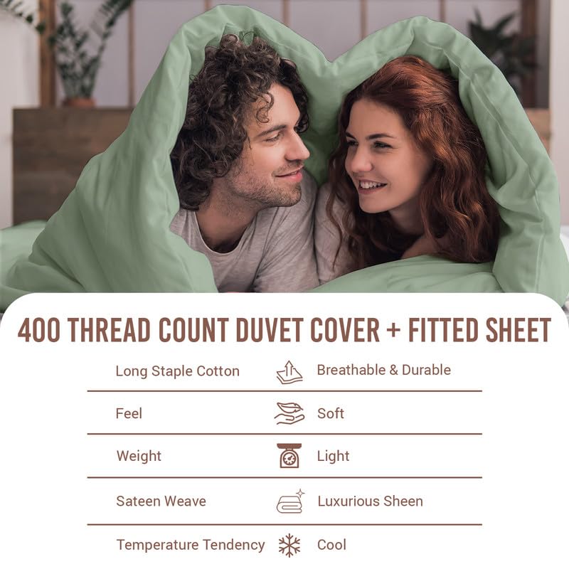 100% Cotton Twin Duvet Cover Set + Fitted Sheet 400TC Sea Foam