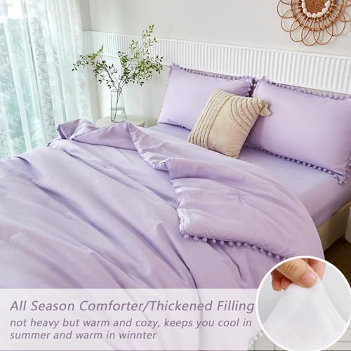5 Pcs Girls Lavender Comforter Sets Full Boho Pom Pom Fringe Bedding Comforter with Sheet Set Soft Cute Purple Girls Bed in A Bag for All Season