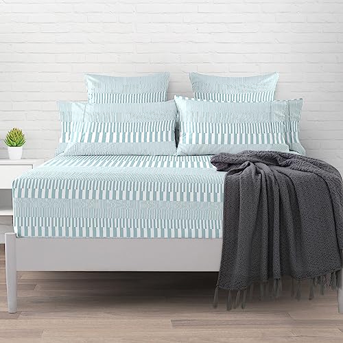 100% Cotton Cascade Stripe Print Queen Fitted Sheet 400TC Blue