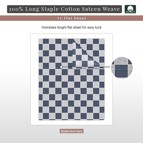 100% Cotton Smart Plaid Print Queen Flat Sheet 400TC Navy