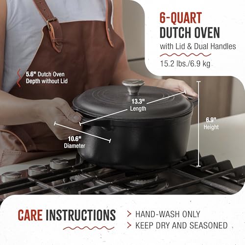 6 Quart Cast Iron Dutch Oven with Lid and Dual Loop Handles