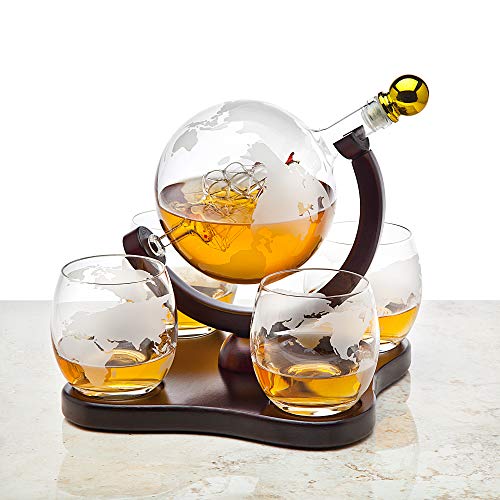 Whiskey Decanter Globe Set with 4 Etched Glasses for Liquor