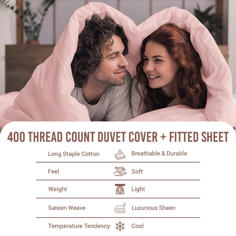 100% Cotton Full Duvet Cover Set + Fitted Sheet 400TC Light Pink