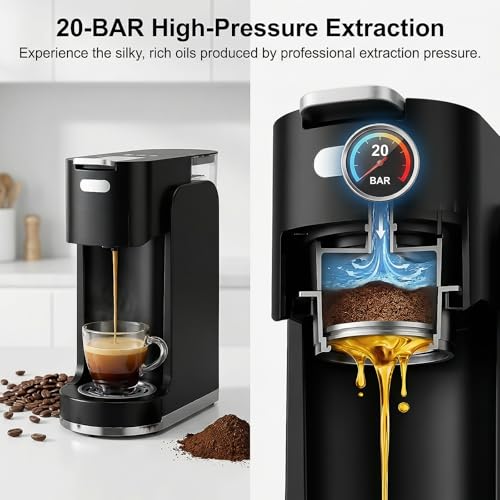 All-in-1 Single Serve Coffee Machine, Hot and Iced Coffee Maker for Ground Coffee, K-Cup Pod, NES Original and DG Pod, 20 Bar Espresso Coffee Maker, Customizable Brew Volume, Heats up in 3 seconds