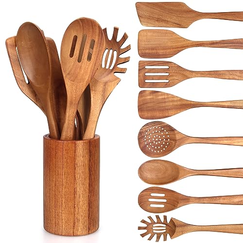 9 Pcs Wooden Kitchen Utensils Set with Holder Cooking Spoons Wood Spatula (9 Count)