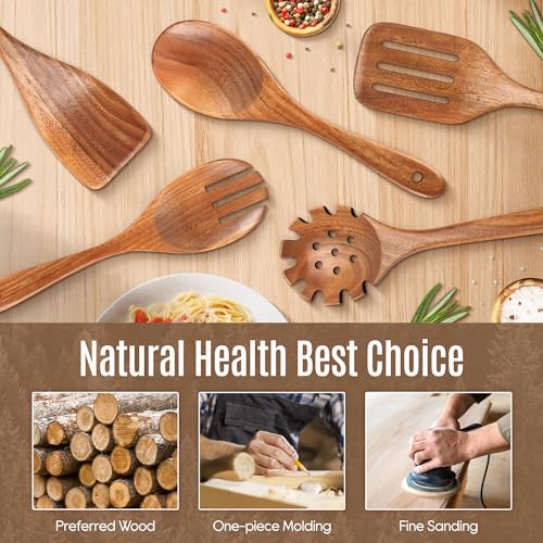 5 Pcs Natural Teak Wooden Spoons for Cooking (5 Count)