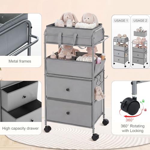3In1 Baby Diaper Caddy Organizer Cart 4 Tier Large Capacity Metal Utility Bedside Rolling Cart with Divider Newborn Registry Nursery Essential Must Have Bedroom Gift Baby Shower