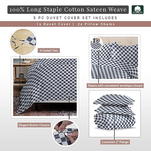 100% Cotton Smart Plaid Print Queen Duvet Cover Set 400TC Navy