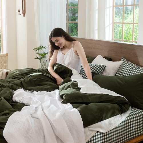 Duvet Cover Set 100% Washed Cotton Linen Like Super Queen (3 Count)