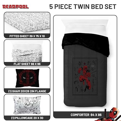 Marvel Deadpool Twin Comforter Set 5 Piece Soft Bedding for Boys