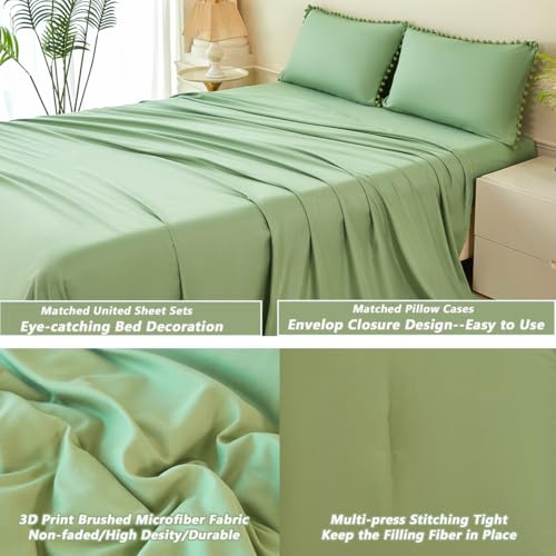 Green Bedding Set Full Size 5 Pieces Boho Pom Pom Fringe Bed in A Bag for Girls Kids Soft Lightweight All Season Solid Comforter Set for Bedroom