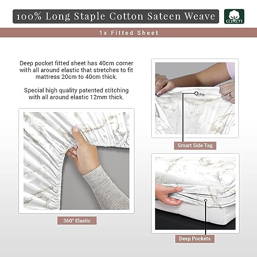 100% Cotton Carrara Marble Print Queen Fitted Sheet 400TC Taupe