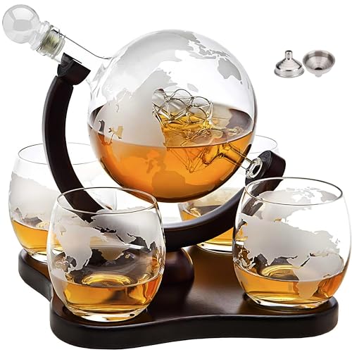Whiskey Decanter Globe Set with 4 Etched Globe Whisky Glasses Gifts For Men Dad