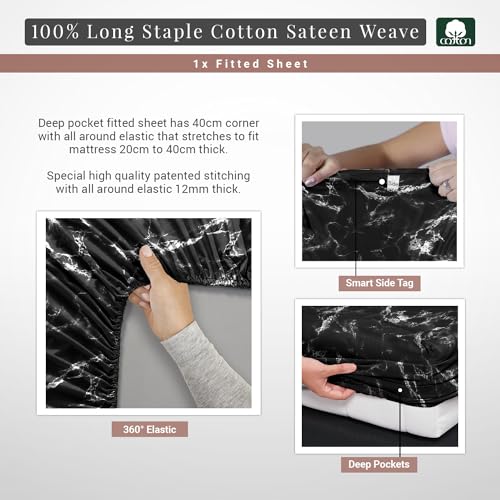 100% Cotton Marble Print Twin XL Fitted Sheet 400TC Black