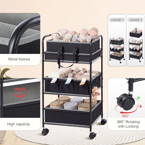 2in1 Baby Diaper Caddy Organizer Cart 3 Tier Large Capacity Metal Utility Bedside Rolling Cart with Divider Newborn Registry Nursery Essential Must Have Crib Bedroom Baby Shower (2 Count)