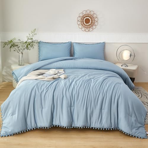 5 Pcs Grayish Blue Bed in A Bag Twin Aesthetic Boho Comforter with Pom Pom Soft Fluffy Light Blue Solid Bedding Quilt Set for Girls Boys