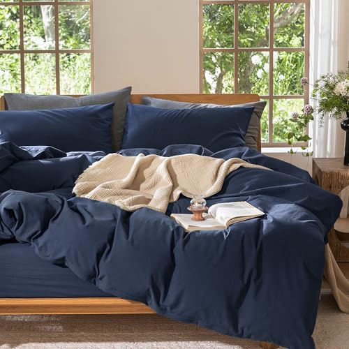 Duvet Cover Set 100% Washed Cotton Linen Like Queen (3 Count)