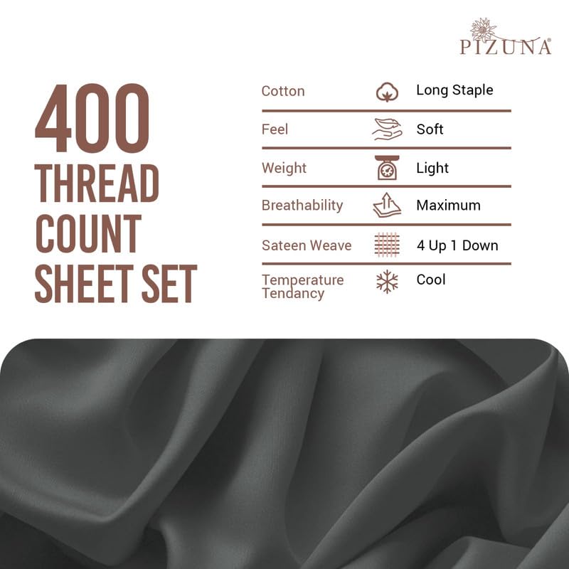 100% Cotton Sheets Set King 400 Thread Count Dark Grey