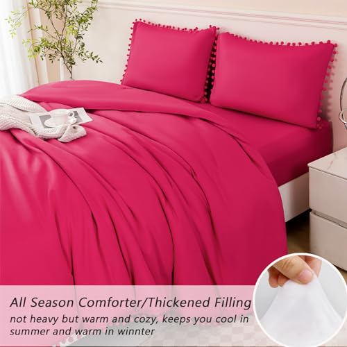 5 Piece Hot Pink Comforter Sets Twin Size Pom Pom Girls Bedding Set with Sheets Soft Aesthetic Boho Bed in a Bag Solid Bedding Comforter for All Season