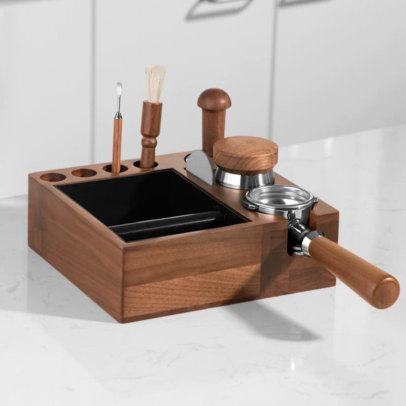 MOJAE 9-in-1 Espresso Knock Box and Espresso Tamper Station,Fits for 51-58mm Portafilter,Tamper and Distributor,Espresso Machine Accessories Organizer (Walnut)