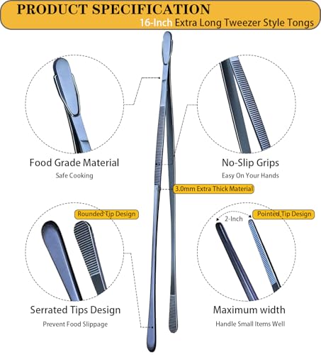 2 Pcs 16 Inch Heavy Duty Cooking Tweezers Extra Long Stainless Steel Kitchen Tweezers Large Plating Tongs (2 Count)