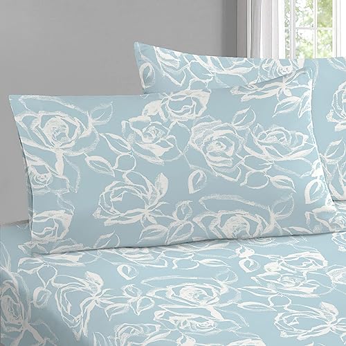 100% Cotton Simply Floral Print King Pillowcases 400TC Blue (2 Count)