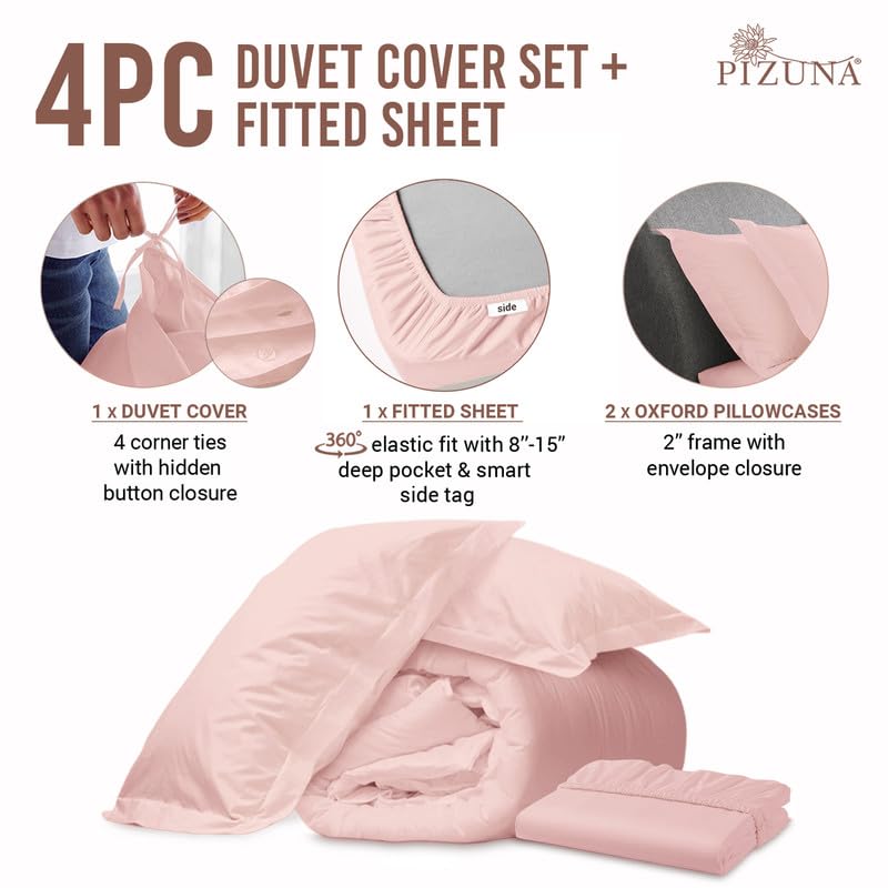 100% Cotton Full Duvet Cover Set + Fitted Sheet 400TC Light Pink