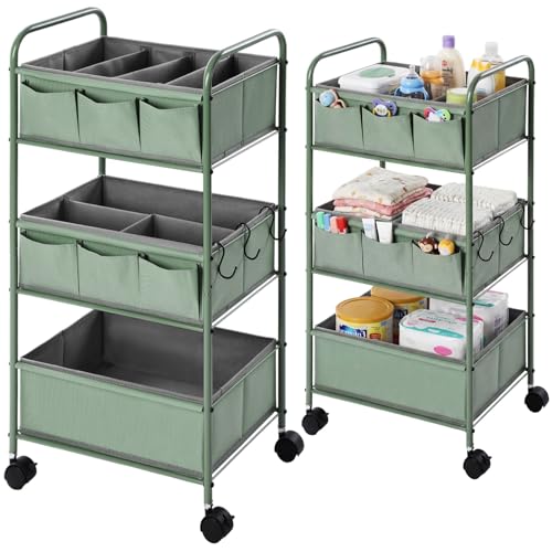 3 Tier Green Baby Diaper Caddy Organizer Cart with 4+3 Dividers Large Capacity Metal Utility Bedside Rolling Cart Newborn Registry Nursery Essential Must Have Crib Bedroom Baby Shower