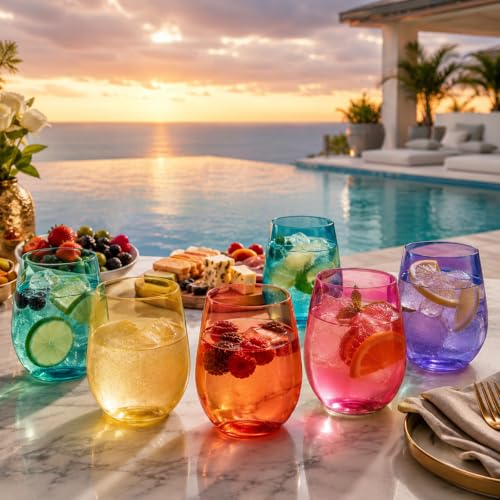 European Style Tritan Acrylic Stemless Wine Glasses Bright Colors (6 Count)