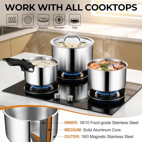 Tri Ply 9Pcs Cooking Pots and Sauce Pans Set with Removable Handle (3 Count)