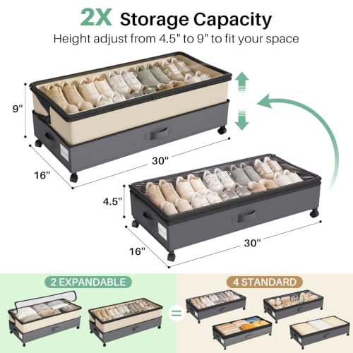 2Pack Height adjustable Under Bed Storage with Wheels (2 Count)