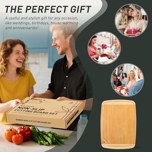 Bamboo Cutting Board Set Non Slip Feet with Holder Over Sink Wooden Cutting Boards Eating Grilling Biard Cutboard Biard Chtting Woodcutting Cuttingboards Voard Oard Bord 12x18 11 x 14 Baords Baord (5 Count)