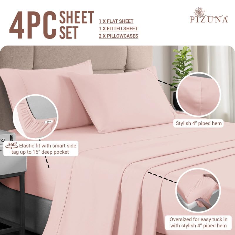 100% Cotton Sheets Set California King 400 Thread Count Light Pink