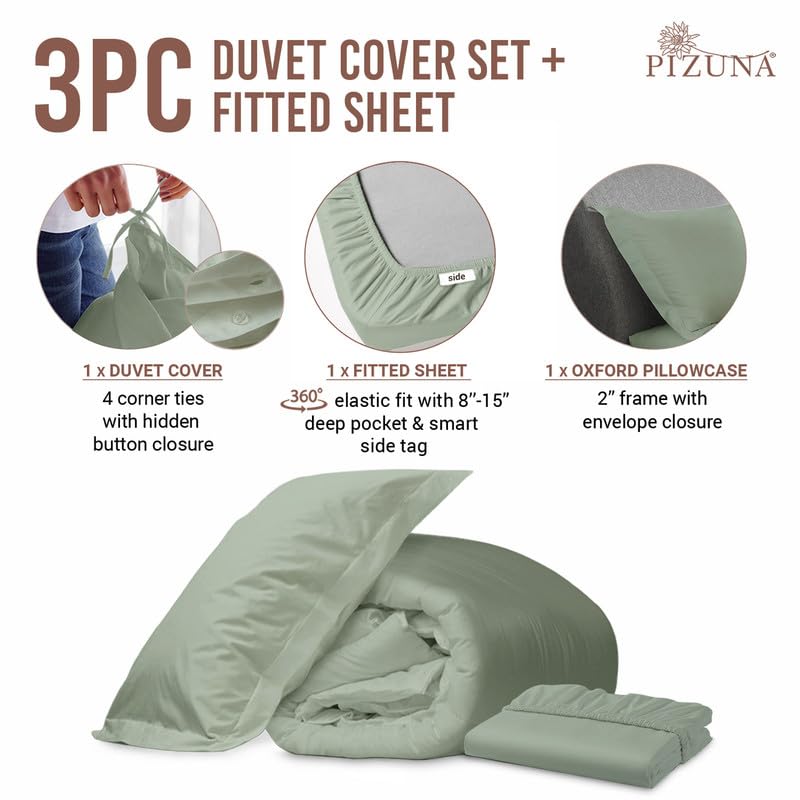 100% Cotton Twin Duvet Cover Set + Fitted Sheet 400TC Sea Foam