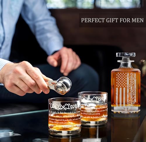Whiskey Decanter Engraved We The People American Flag Decanter Set with 2 Glasses for Liquor Scotch Bourbon or Wine (3 Count)