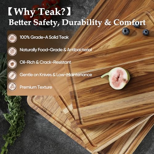 3 Pack Teak Cutting Board Set for Kitchen Wood Charcuterie Board with Juice Groove Wooden Cutting Boards Non Toxic Heavy Duty Slip Over Sink Solid Thick Chopping Board FSC (3 Count)
