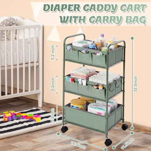 3 Tier Green Baby Diaper Caddy Organizer Cart with 4+3 Dividers Large Capacity Metal Utility Bedside Rolling Cart Newborn Registry Nursery Essential Must Have Crib Bedroom Baby Shower
