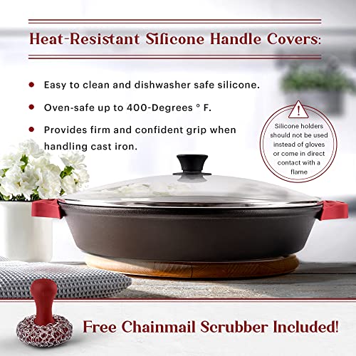 Cast Iron Skillet + Glass Lid + Red Chainmail Scrubber