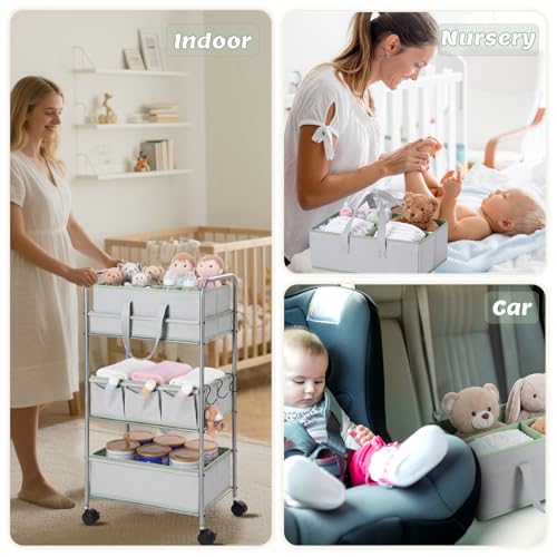 2in1 Colorful Baby Diaper Caddy Organizer Cart 3 Tier Large Capacity Metal Utility Bedside Rolling Cart with Divider for Newborn Nursery Essential Must Have Crib Bedroom Baby Shower (9 Count)