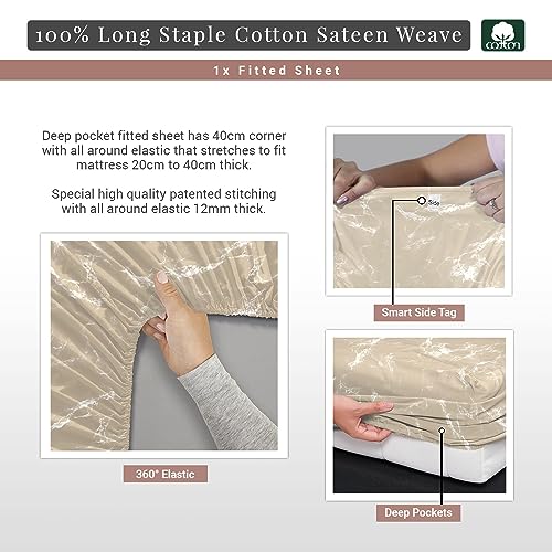 100% Cotton Marble Print Twin XL Fitted Sheet 400TC Taupe