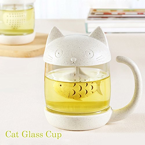 Cat Tea Cup Cute Mug Glass Pot with Fish Infuser for Loose Leaf Tea