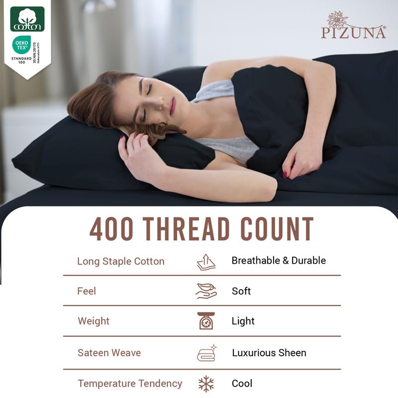 Cotton Twin XL Fitted Sheet + 2 Pillowcases Set 400TC Black