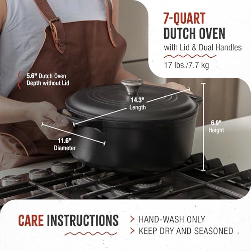 Cast Iron Large Dutch Oven with Lid and Dual Handles. 7 Quart Pot Seasoned with 100% Kosher Certified Non