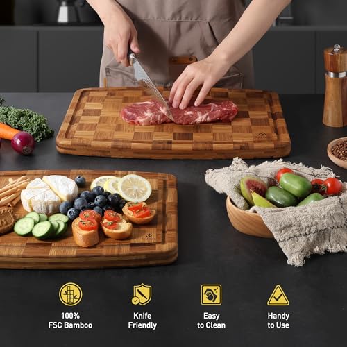 2 Pack Heavy Duty Bamboo Cutting Board Set Non Slip Over Sink Solid Thick Wood Chopping Board End Grain Extra Large Big Small Best Organic Hardwood Wooden Kitchen Essential New Home Housewarming Gift (2 Count)
