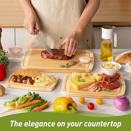 Bamboo Cutting Board Set Non Slip Feet Over Sink Tablas Para Picar Cocina Tabua Madeira Corte Carne Bambu Alimentos Cortar Madera Juego Regalos Cumpleaños Navidad Mujer Mama Abuela Hombre Papa (3 Count)