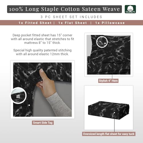100% Cotton Marble Print Twin XL Sheets Set 400TC Black