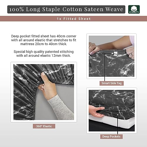 100% Cotton Marble Print Queen Fitted Sheet 400TC Black